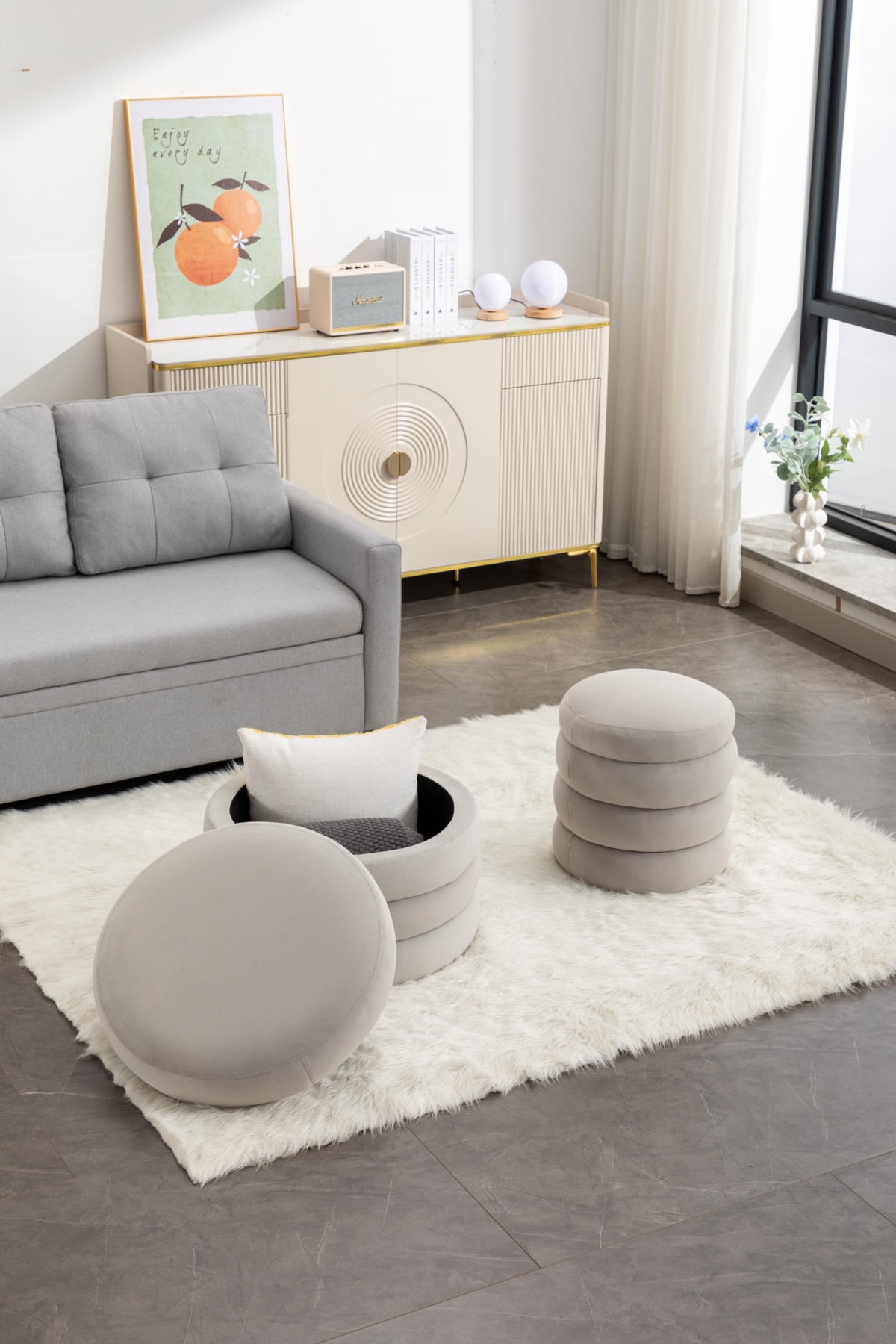 Boucle Fabric Storage Round Ottoman Footstool With Wooden Shelving, Ivory