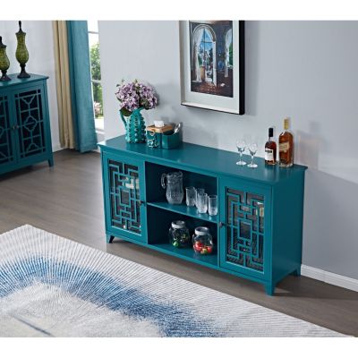  Teal Sideboard Buffet Table with 2 Doors, Adjustable Shelves