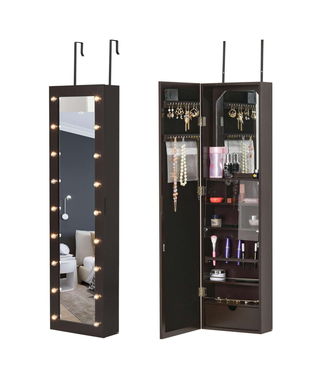 Wall-Mounted Jewelry Armoire with 18 Led Lights - Brown