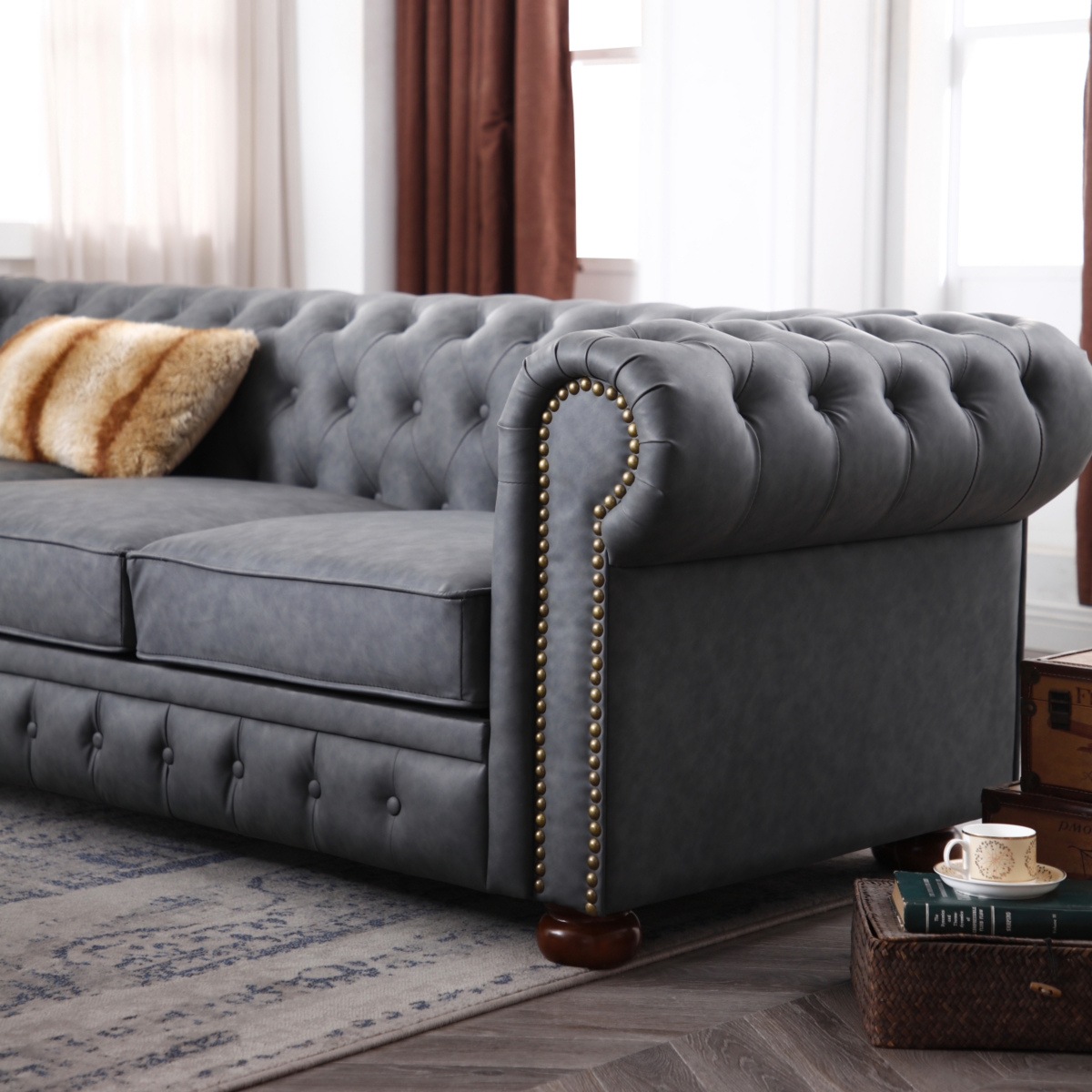 Simplie Fun Classic Chesterfield Sofa Dark Grey Faux Leather