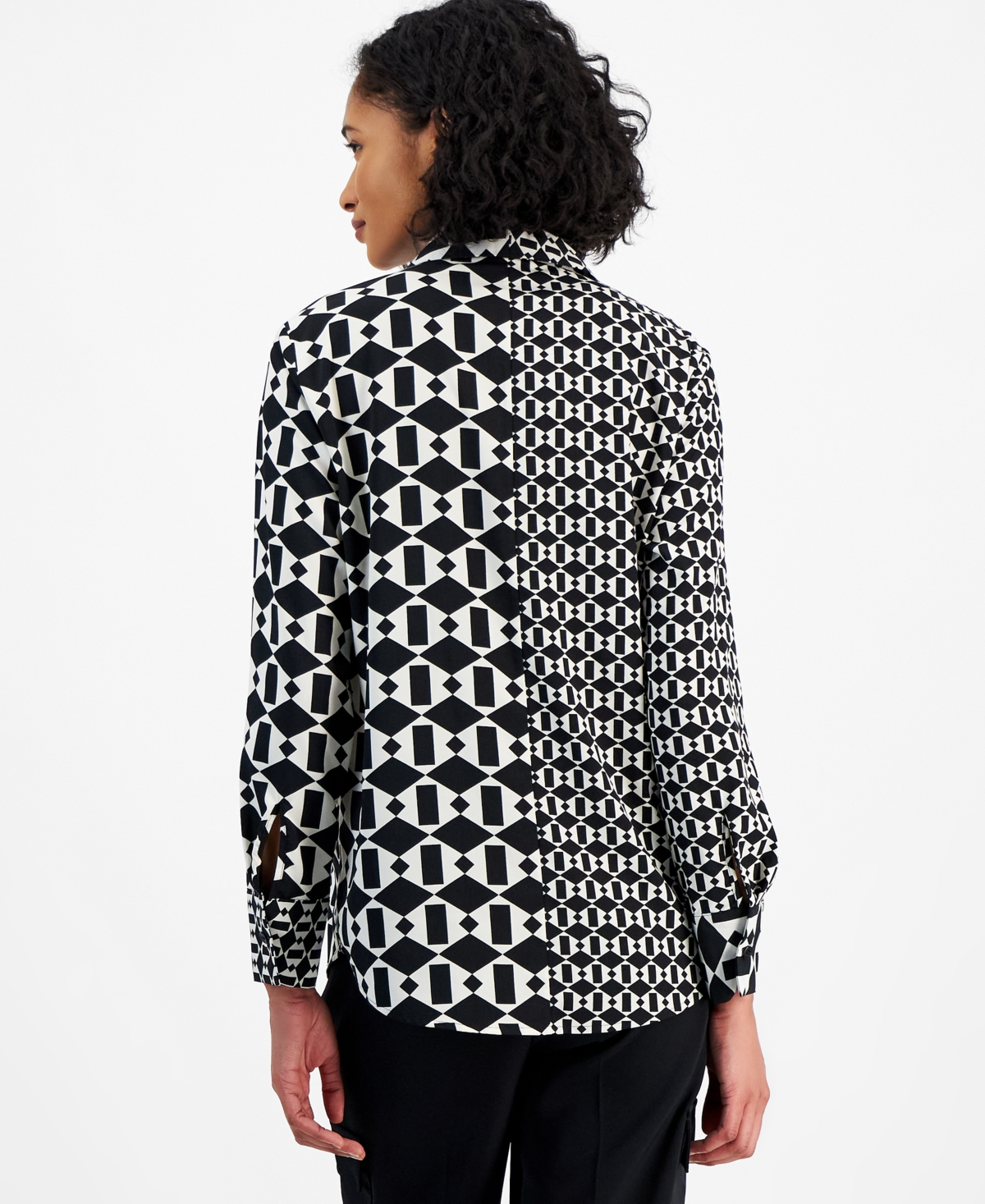 Bar Iii Women's Printed Colorblocked Button-up Shirt, Created For Macy's In Black,bar White