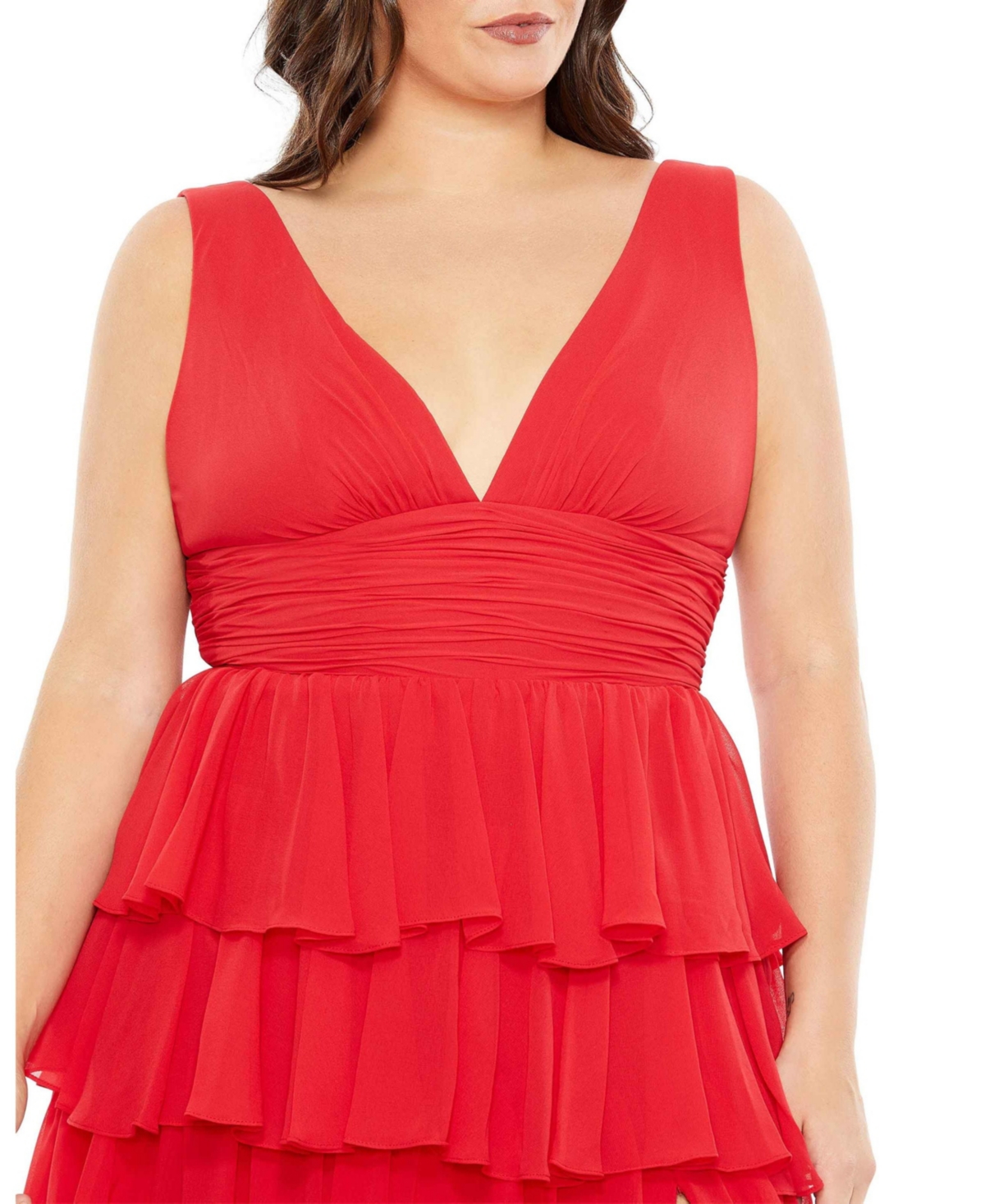Mac Duggal Women's Plus Size Ruffle Tiered Sleeveless V Neck Gown