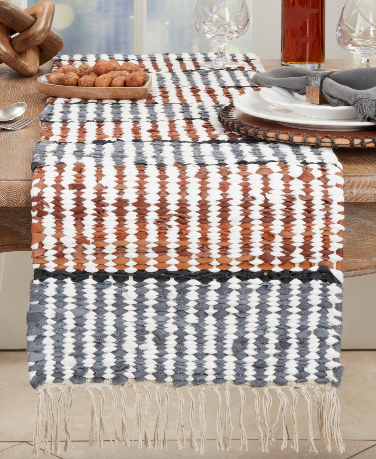 Saro Lifestyle Leather Chindi Stripe Fringed Table Runner, 16"x72" In Multi