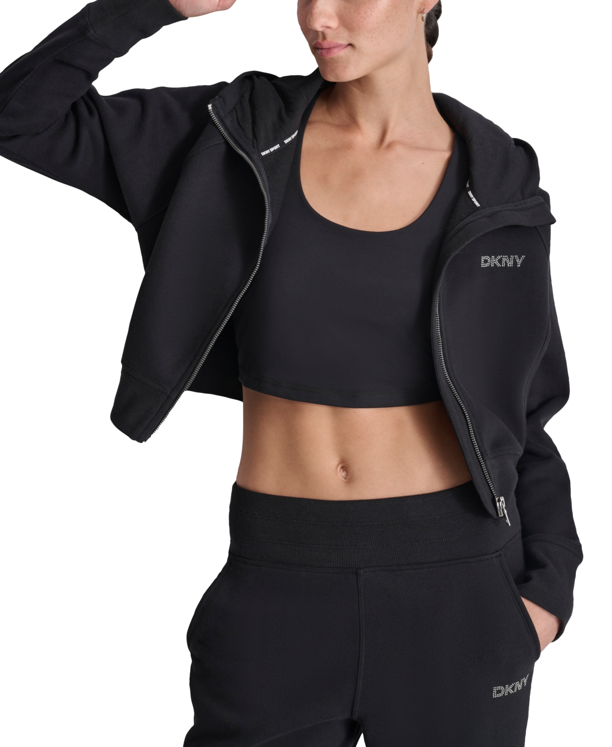 Dkny Women's Stud Logo Hooded Zip-Front Fleece Sweatshirt