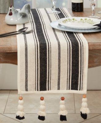 Wood Bead Tassel Trimmed Stripe Table Runner, 13"x72"