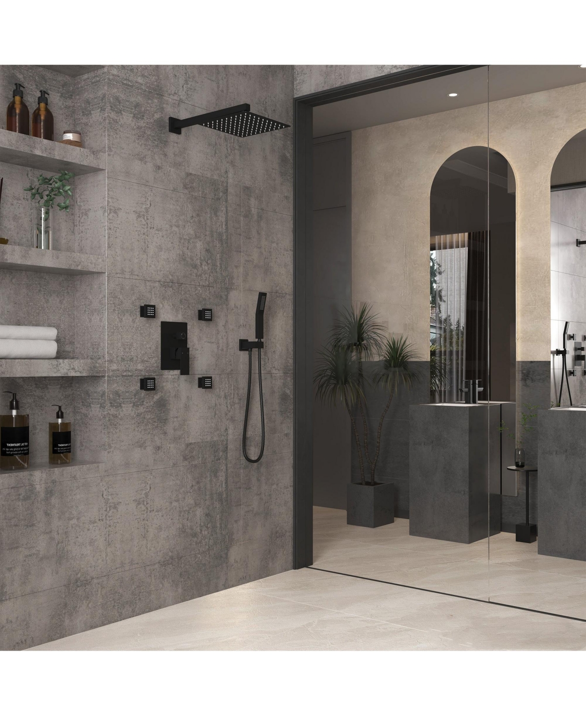 Mondawe High Pressure Wall Mounteded Pressure-Balanced 3 Functions Shower System with4 Body Jets and Rough-in Valve - Matte black