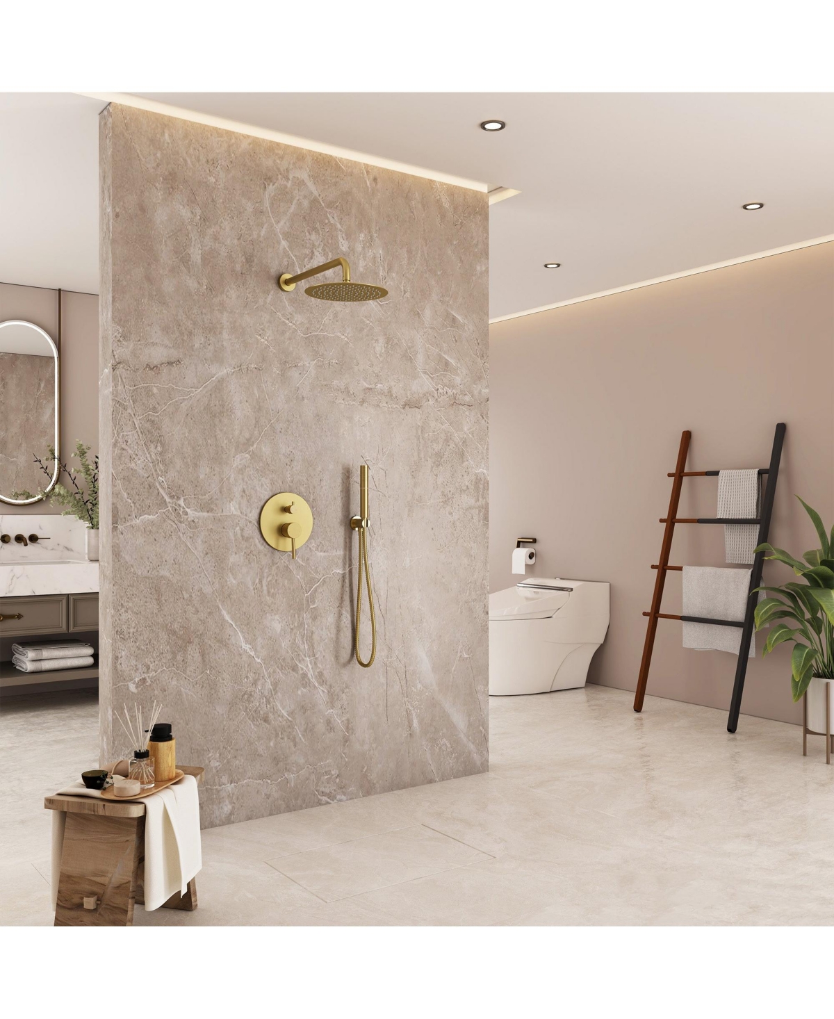 Mondawe High Pressure Wall Mounteded Pressure-Balanced 3 Functions Shower System with Massage Spray and Rough-in Valve - Brushed gold