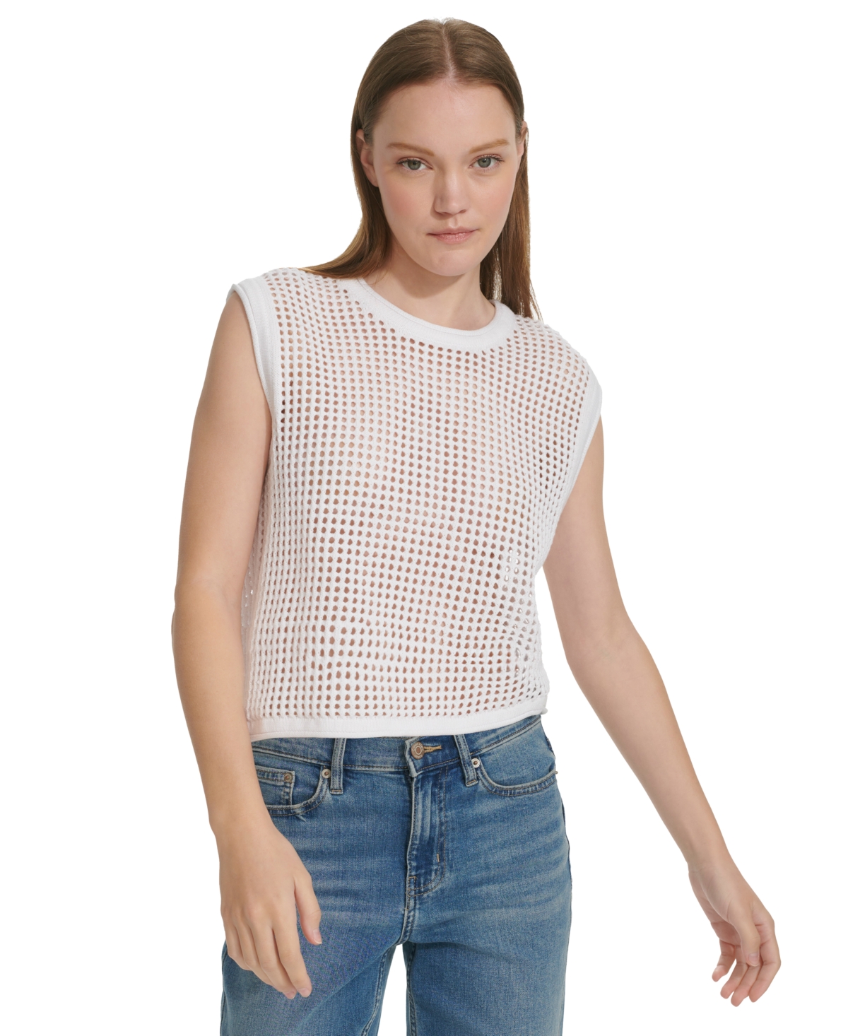 Calvin Klein Jeans Est.1978 Petite Cotton Open-stitch Sleeveless Sweater In White