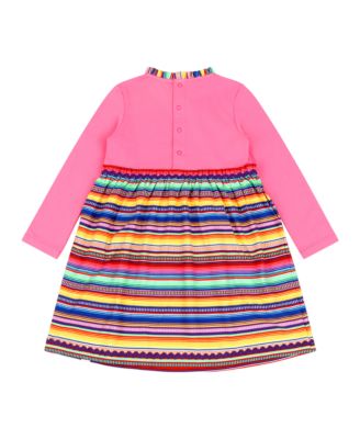 Toddler Girls Long Sleeve Ruffle Trim Dress - Pink Multicolor Stripes