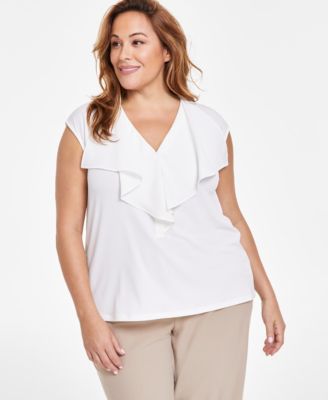 Kasper - Plus Size Solid Ruffled-Front V-Neck Cap-Sleeve Top