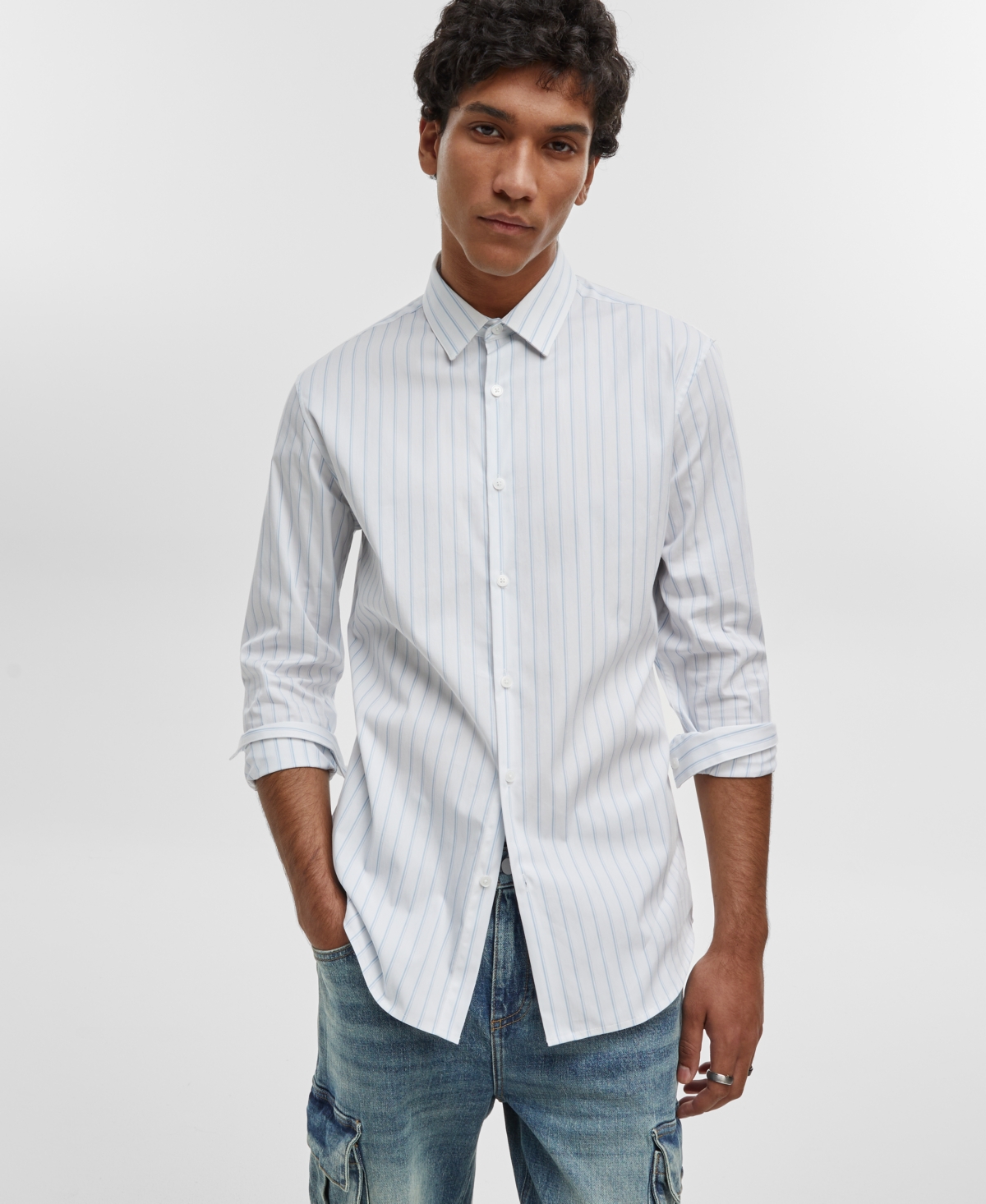 Men's Slim-Fit Button-Down Sport Shirt, Created for Macy's - Pale Indigo Stripes