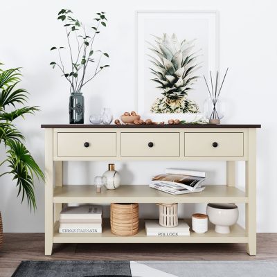 Streamdale Retro Console Table with Open Shelves and Pine Frame