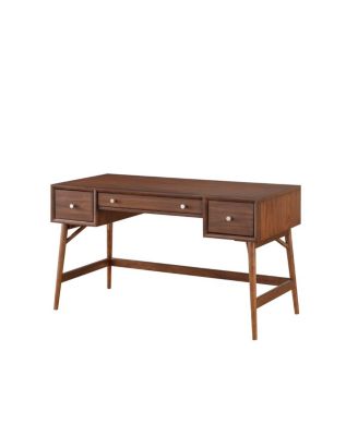 Brown Finish Stylish Writing Desk Storage Drawers Nickel Knob Hardware Walnut Veneer Wood Furniture