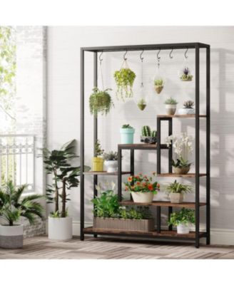 5-Tier Tall Indoor Plant Stand, 70.9 inches Large Metal Plant Shelf with 6 Pcs Hanging Hooks, Multi-Purpose Flower Bonsai Pots Display Rack