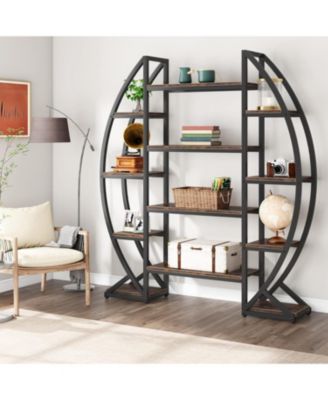 Oval Bookshelf, Triple Wide 5 Tier Etagere Bookcase, Industrial Display Shelves for Living Room (Brown, 55")