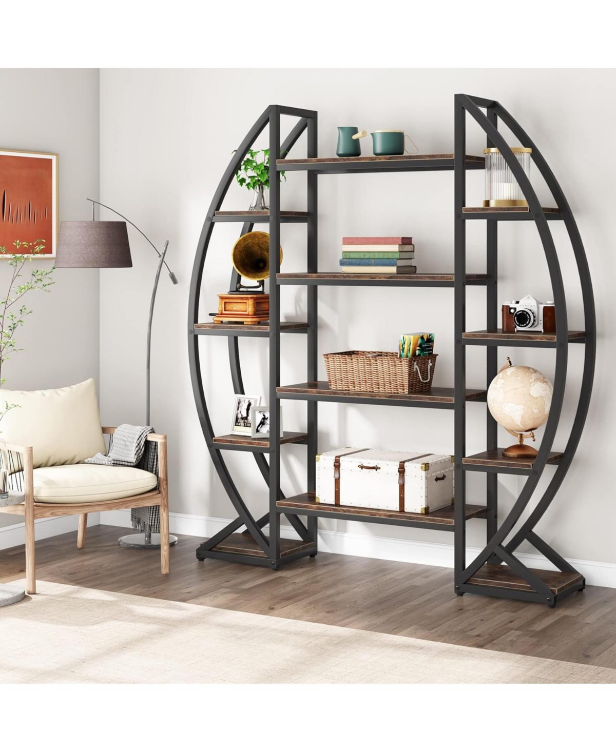 Tribesigns Oval Bookshelf, Triple Wide 5 Tier Etagere Bookcase, Industrial Display Shelves for Living Room (Brown, 55