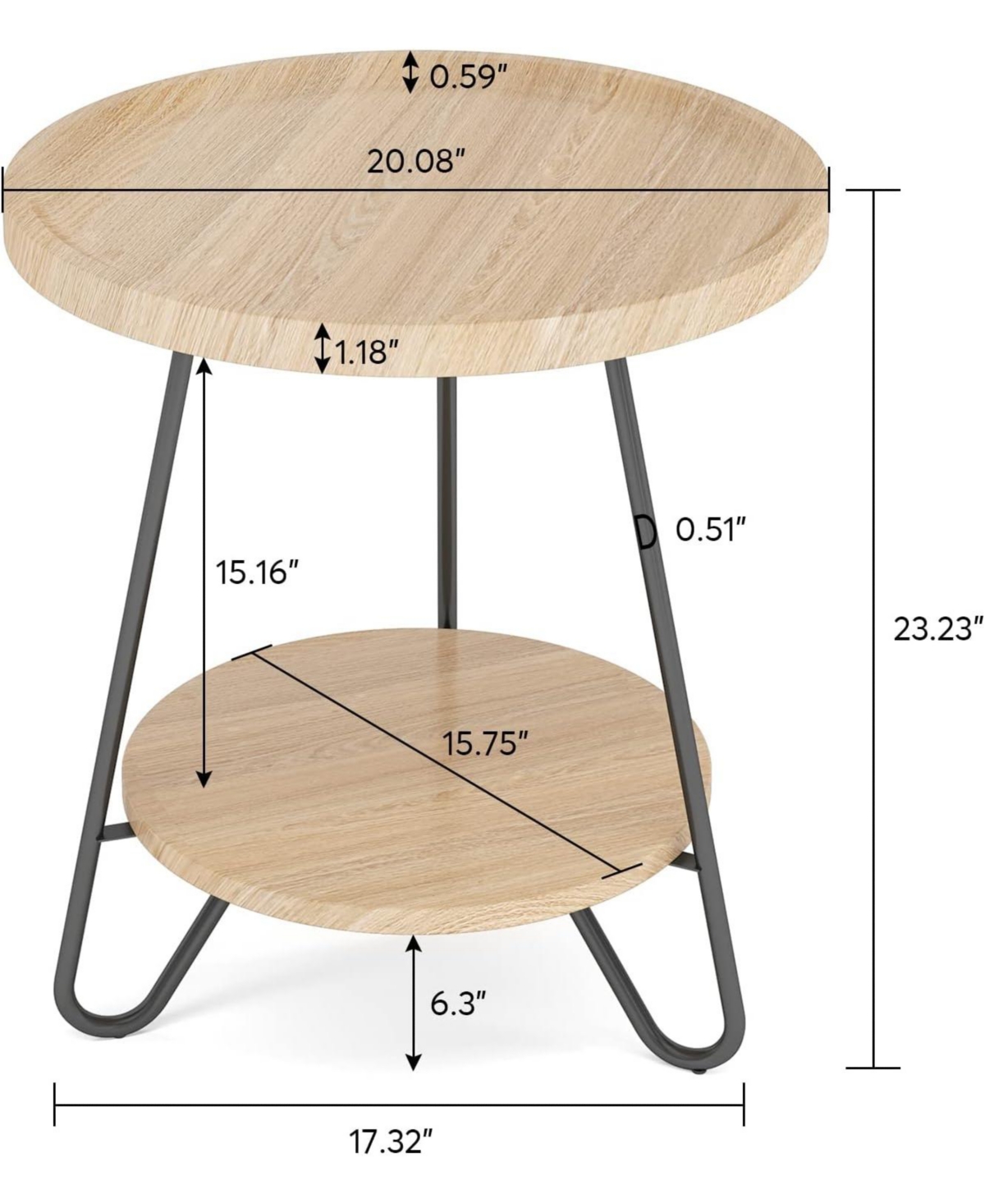 Tribesigns Round Side Table, 2-Tier End Table with Metal Legs, Modern Industrial Beside Table, Small Accent Table Snack Table for Living Room