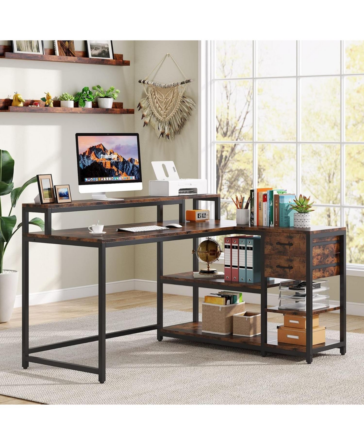 Tribesigns Reversible Shaped Desk with Drawer, Industrial Corner Desk Table with Storage Shelves and Monitor Stand, Rustic Wooden and Metal Pc Des