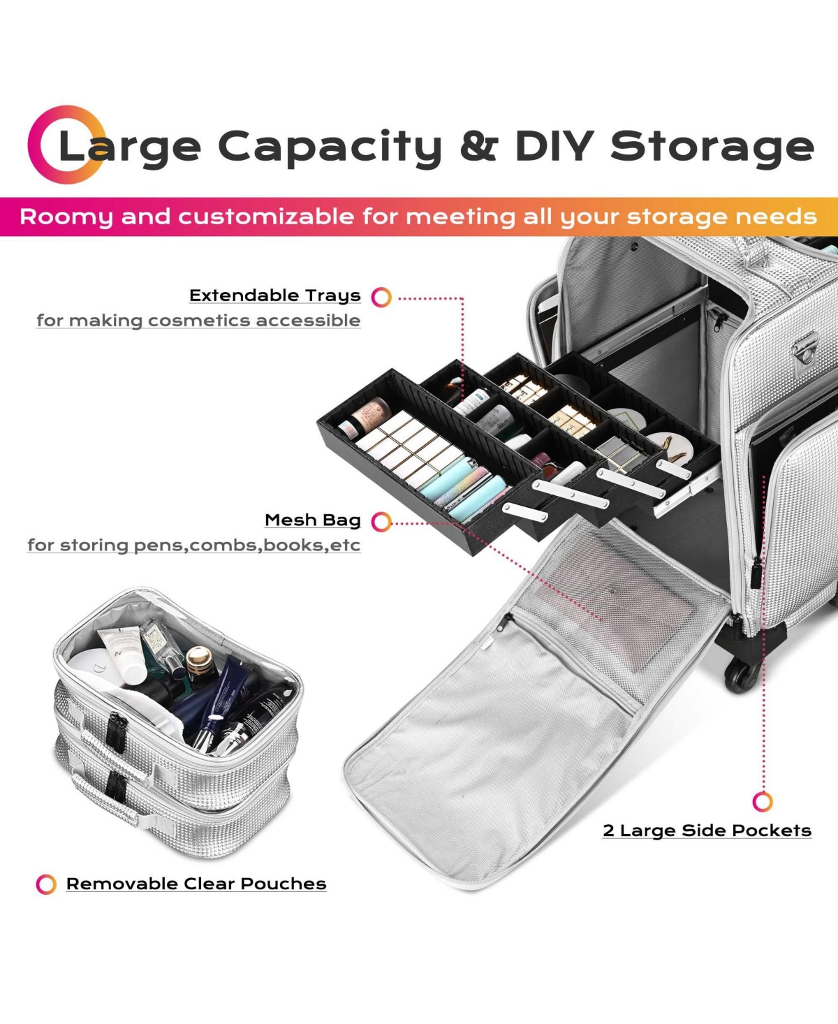 Byootique Soft Sided Rolling Makeup Train Case Cosmetic Organizer Travel Trolley