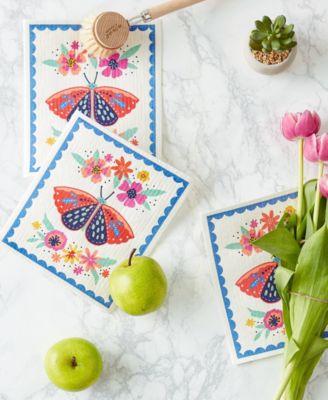 Swedish Dishcloths for Kitchen Cleaning, Machine Washable Dishwasher Safe, 7.75 x 6.75", Butterfly Folk, 3 Piece