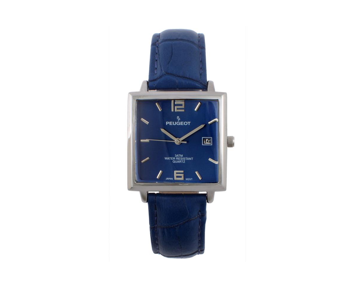 Men's Modern 35x35mm Square Watch with Metal Case with Blue Leather Band - Blue