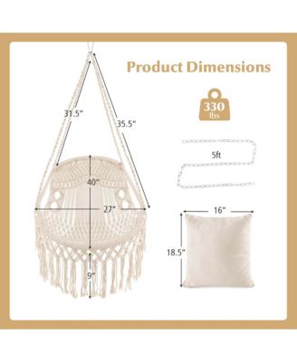 Indoor Outdoor Macrame Swing with Soft Seat Cushions Sturdy Hanging Rope & Chain