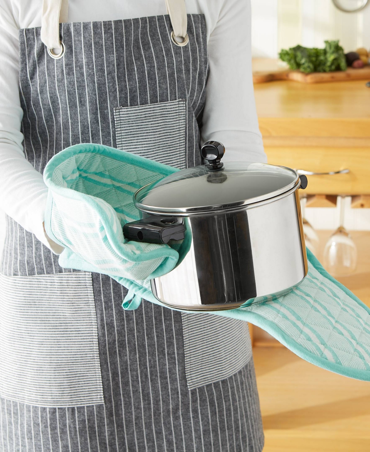 Design Imports Double Strip Chef Kitchen Cooking Baking Collection, Double Oven Mitt, 35x7.5", Aqua In Aqua