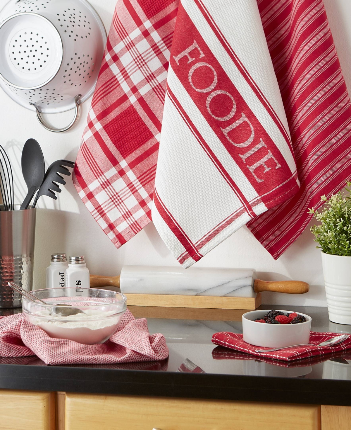 Design Imports Everyday Collection Foodie Kitchen Set, Dishtowel Dishcloth, Red, 5 Piece In Red