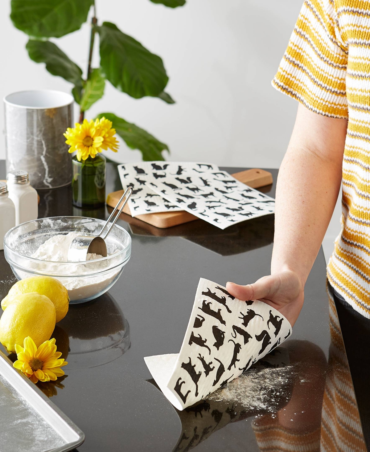 Design Imports Swedish Dishcloths For Kitchen Cleaning, Machine Washable Dishwasher Safe, 7.75 X 6.75", Cats, 3 Pie In Cat