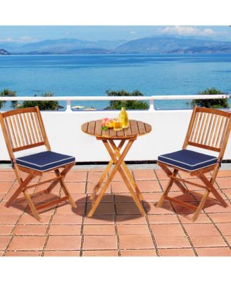 3PC Folding Patio Conversation Set Acacia Wood Bistro Set w/ Cushions