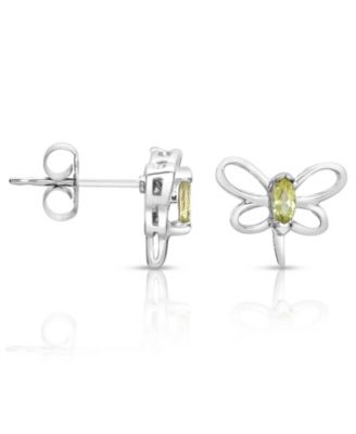 Sterling Silver White Gold Plated with Light Green Tourmaline CZ Butterfly Stud Earrings