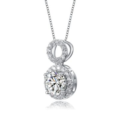 White Gold Plated with Cubic Zirconia Solitaire Double Halo Drop Pendant Necklace