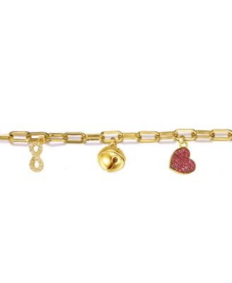 14k Yellow Gold Plated with Red & Cubic Zirconia Heart, Cowbell, and Infinity Dangle Charm Bracelet