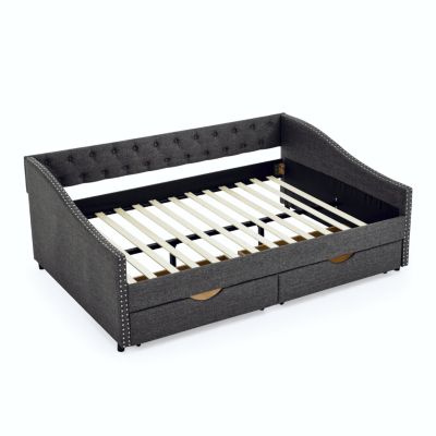  Upholstered Tufted Daybed with Drawers and Copper Nail Detail