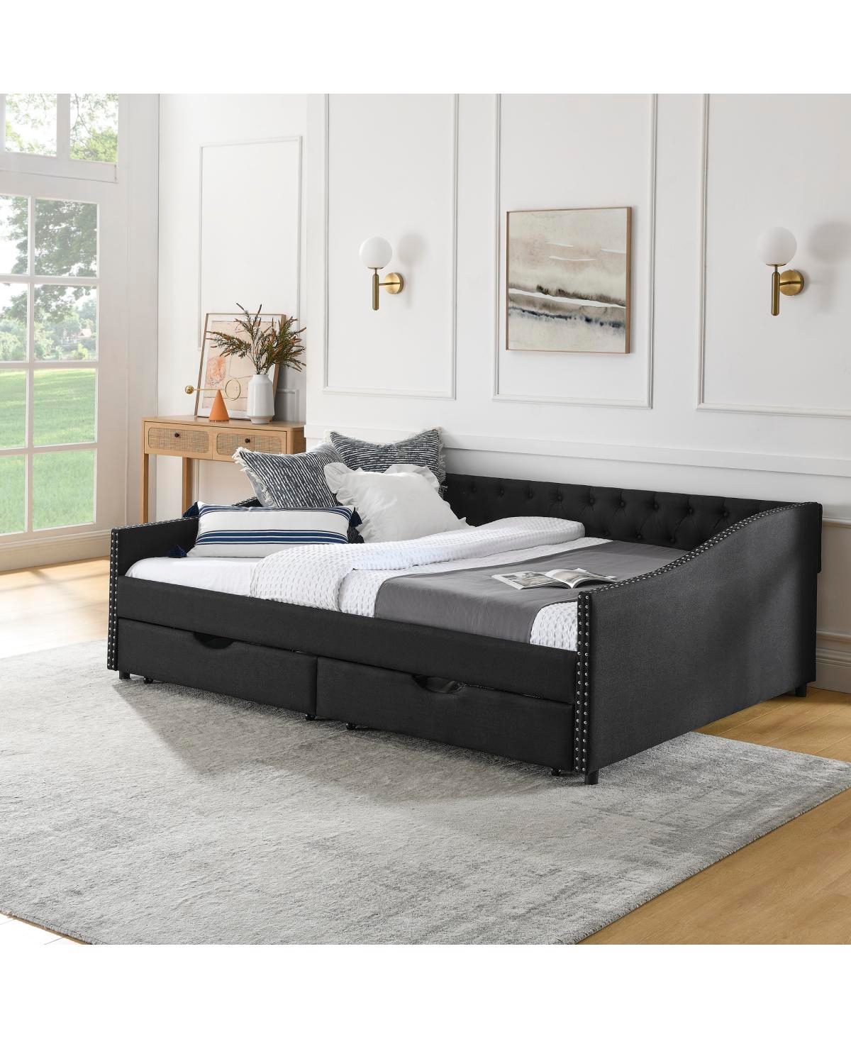 Upholstered Queen Size Daybed with Drawers