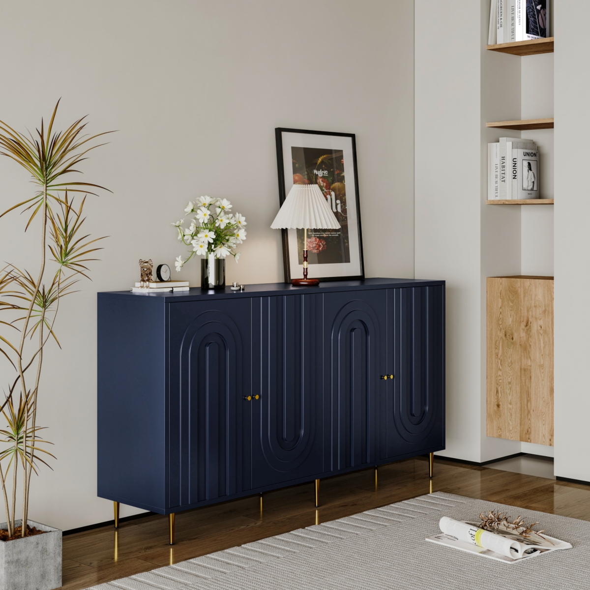 Streamdale Blue Lacquered 4 Door Wooden Sideboard Buffet Cabinet
