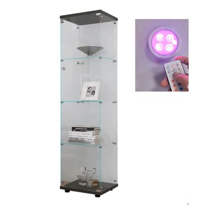  Black Glass Display Cabinet with 4 Lighted Shelves and Door