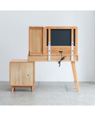 solid oak dresser table with 90cm width, natural wood finish, storage drawers, and compact design for accessories.