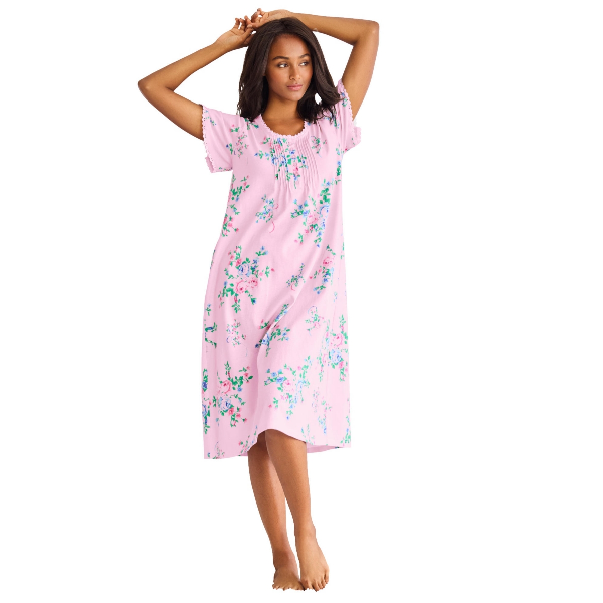 Plus Size Only Necessities Short Pintuck Knit Gown - White floral