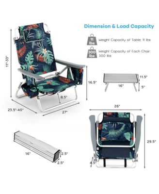 2-Pack Folding Backpack Beach Chair Table Set 5-Position Outdoor Reclining Chair