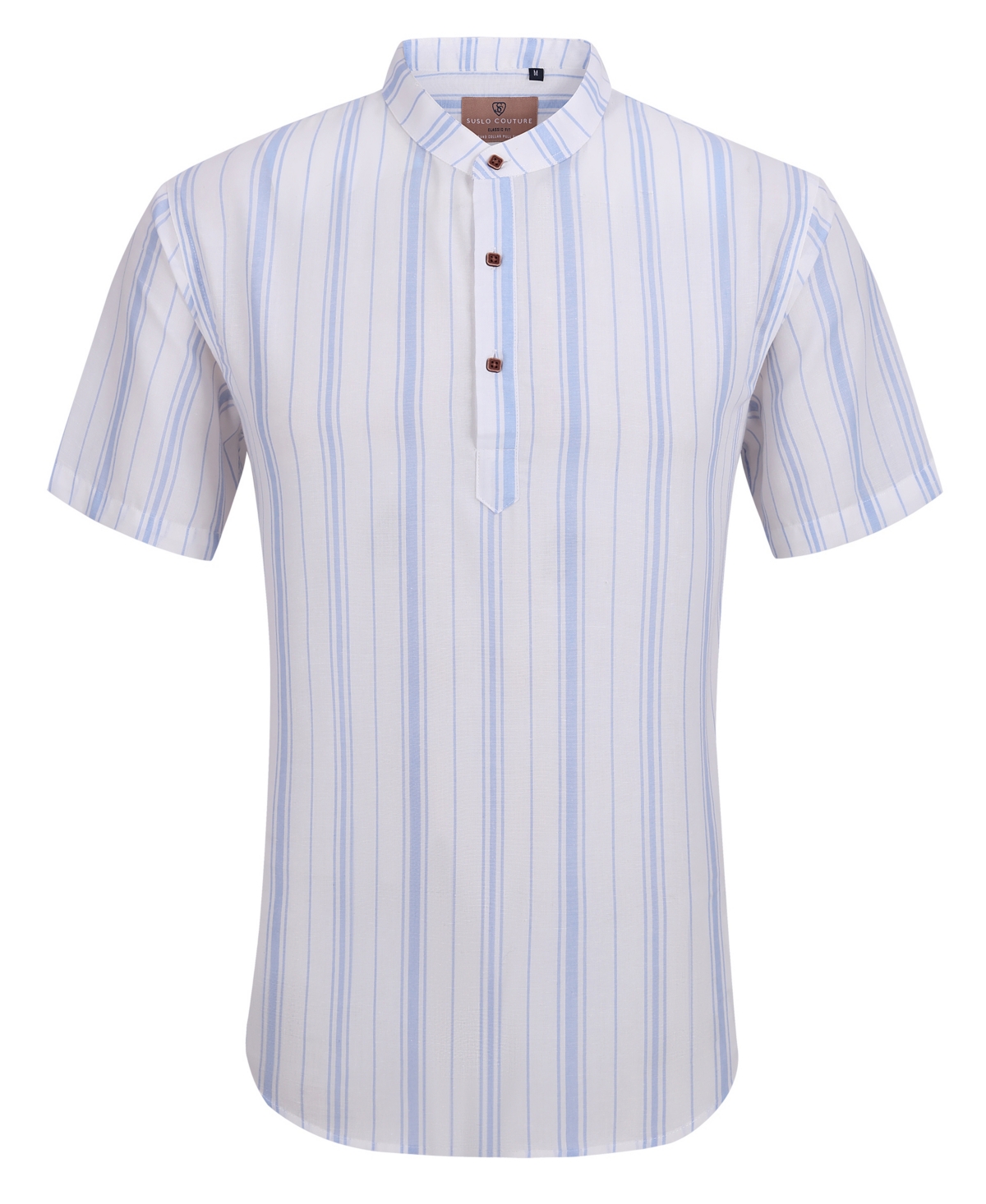 Suslo Couture Mens Linen Stripped Banded Collar Button Up In Blue