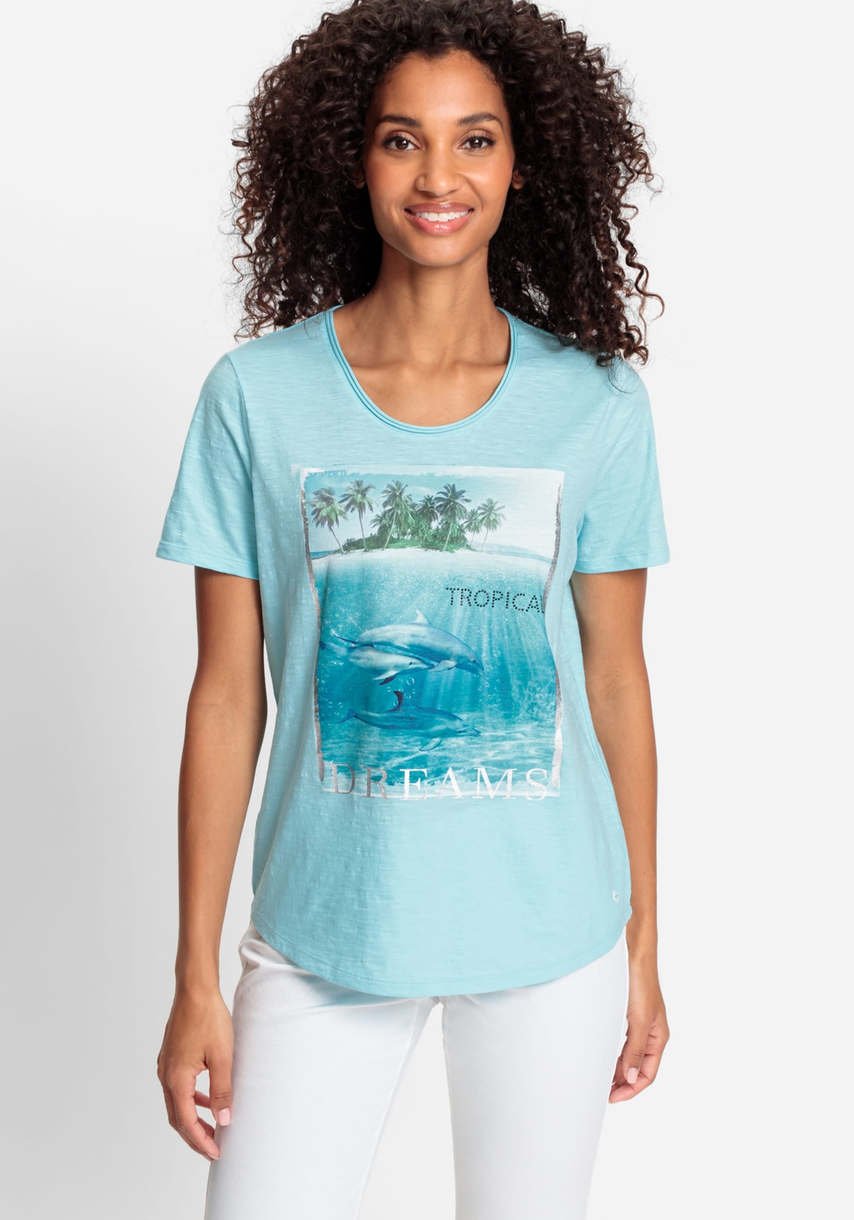 Women's 100% Cotton Short Sleeve Dolphin Placement Print Tee - Light turquoise
