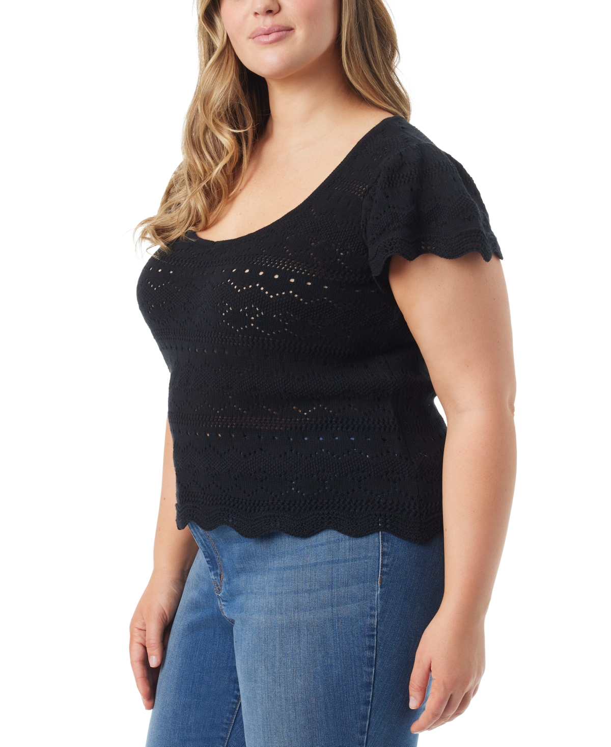 Jessica Simpson Trendy Plus Size Jette Pointelle Short-Sleeve Sweater Top