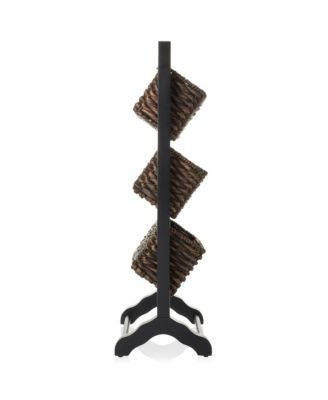 3-Tier Floor Stand Rack with Hanging Storage Baskets, Walnut/Espresso - Wood Tower Organizer for Bathroom, Kitchen, Laundry, Living Room