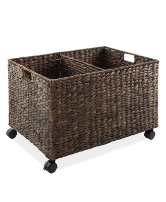 Rolling Storage Basket Cart with Lid and Wheels, Natural - Woven Water Hyacinth Divided Sorting Bin for Kitchen, Pantry, Laundry, Garage