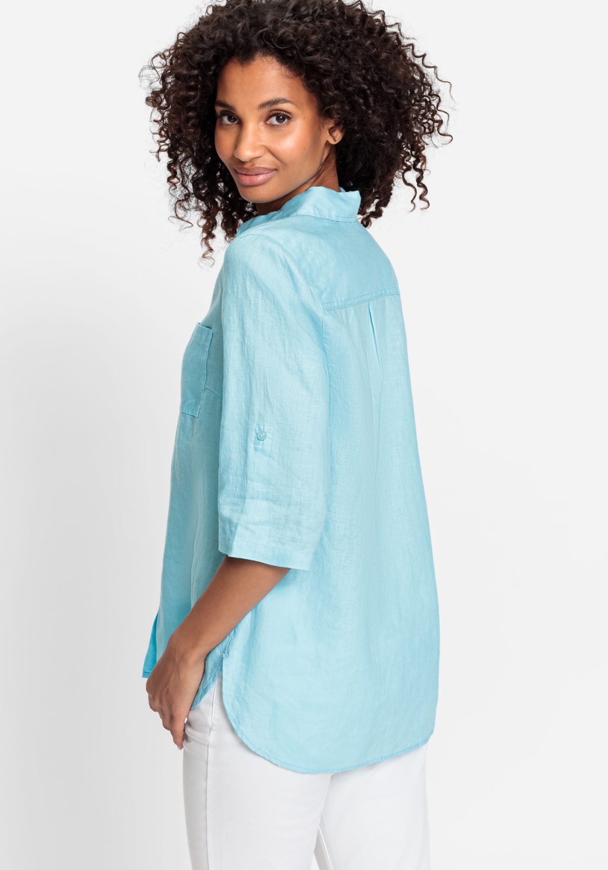 Olsen Women's Cotton Linen Shirt with Rolled Sleeve Tab Detail