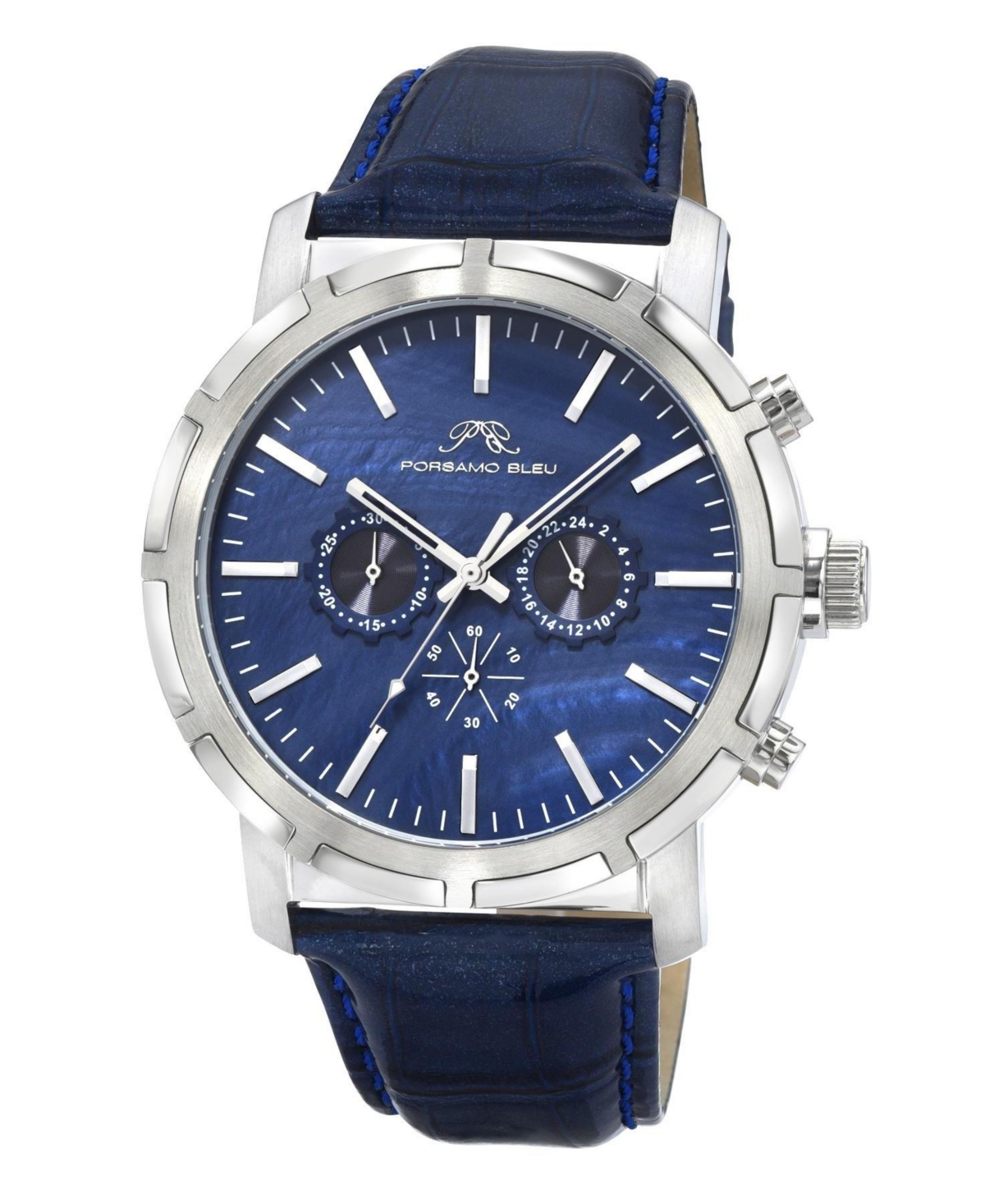 Nyc Chrono Genuine Leather Silver Tone & Blue Men's Watch 1282ANYL - Blue