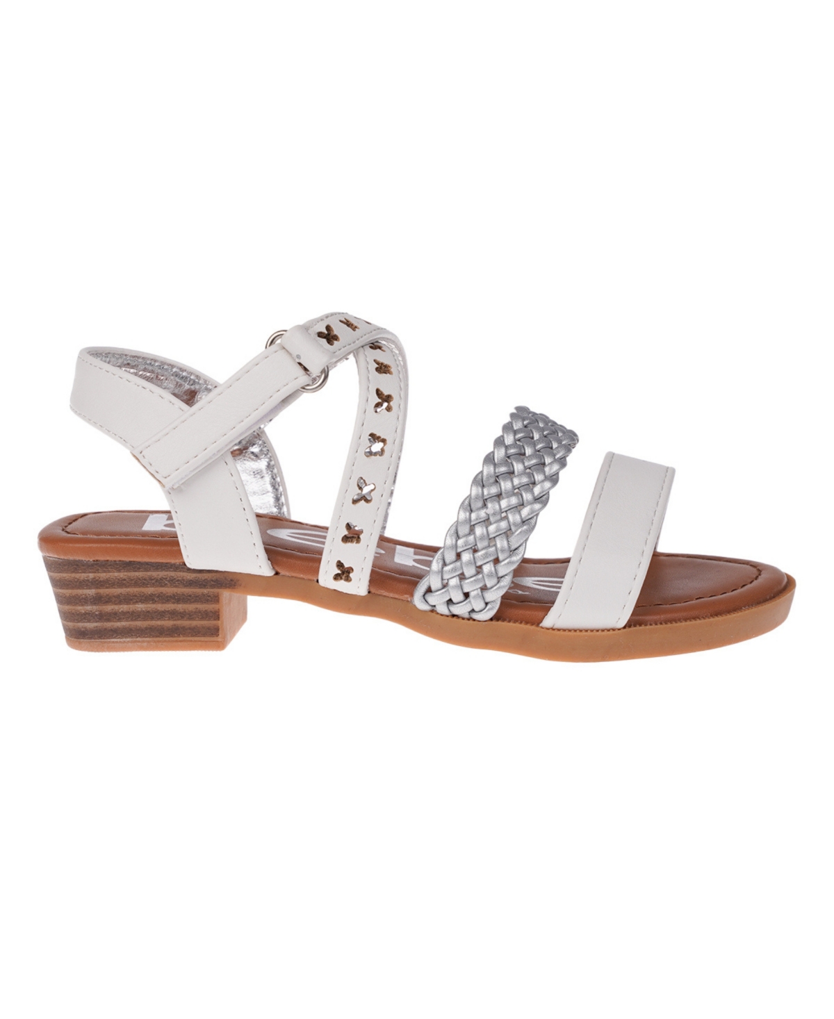 Bebe Big Girl's Stack Heel Sandal with Metallic Weaved Strap and Butterfly Chop Out Polyurethane Sandals