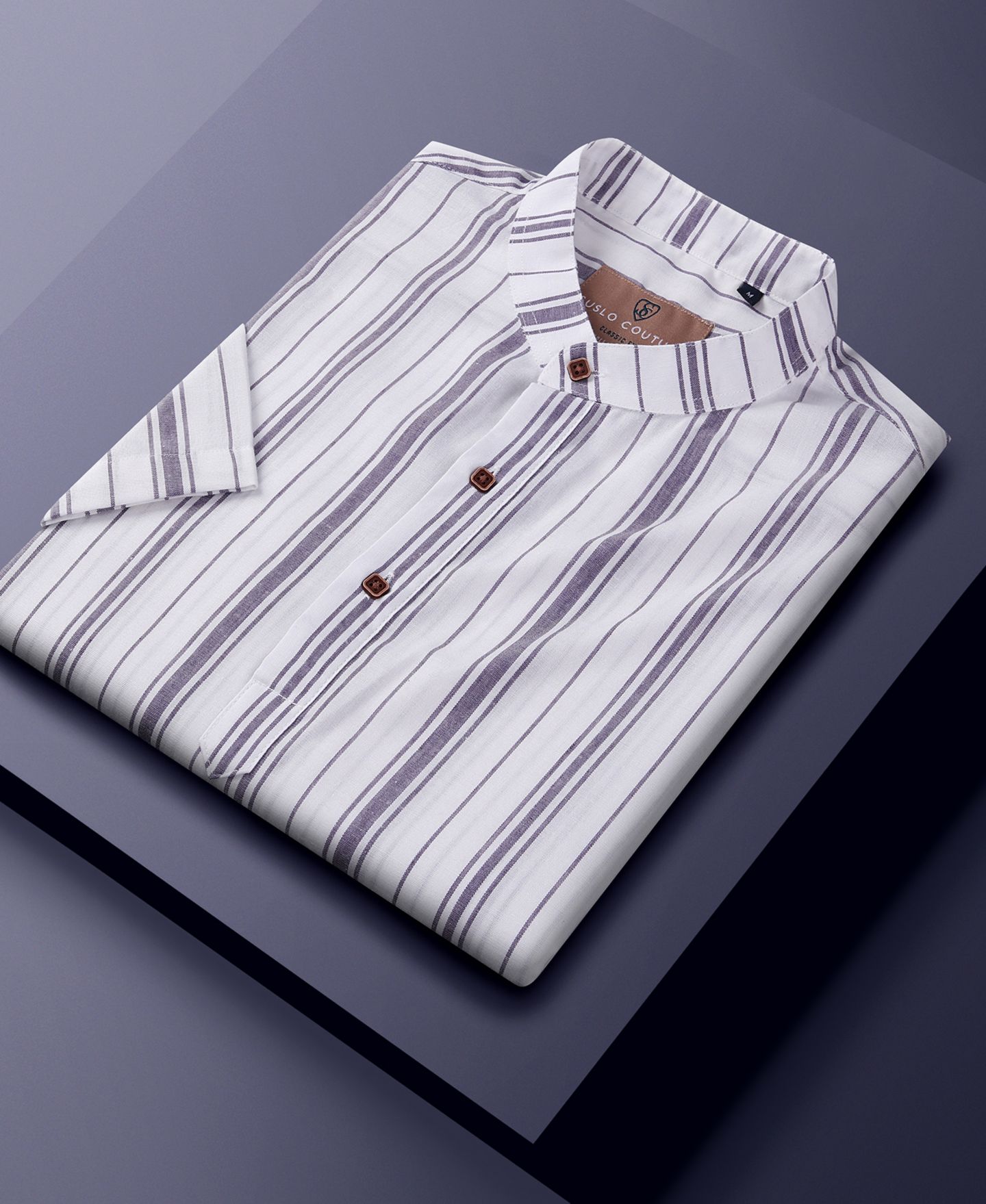Мужской топ Suslo Couture Linen Stripped Banded Collar Button Up, цвет: Чёрный — фото 3