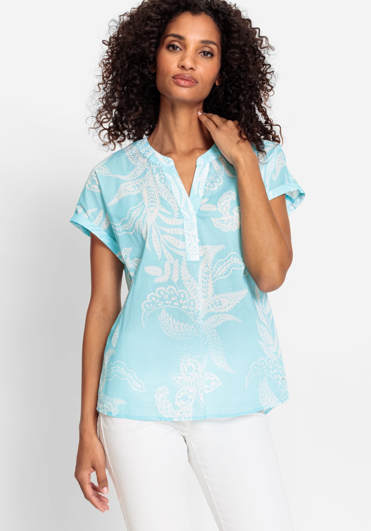 Women's 100% Cotton Short Sleeve Paisley Tunic Blouse - Light turquoise